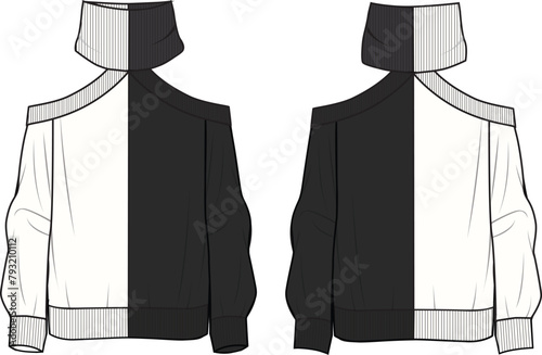 Women's Turtle Neck, Cold Shoulder Color-Block Jumper. Technical fashion illustration. Front and back, white and black color. Women's CAD mock-up.