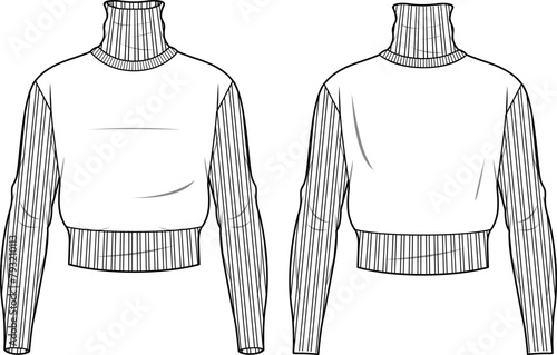 Women's Turtle Neck, Set in Sleeve Crop Jumper. Technical fashion illustration. Front and back, white color. Women's CAD mock-up.