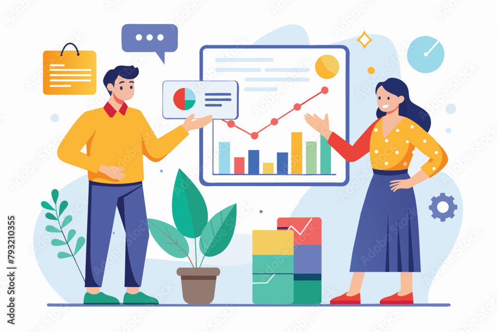 A man and a woman are standing in front of a chart, discussing data and analysis together, Man and woman doing presentation with data analyst trending, Simple and minimalist flat Vector Illustration