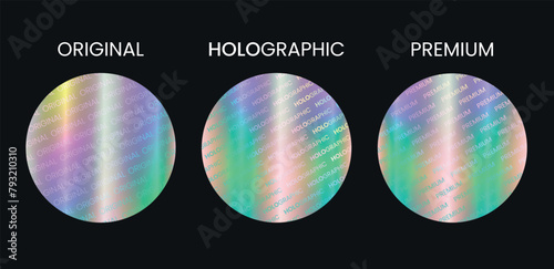 Set of bases, color holographic sticker templates, holographic effect label. Vintage Y2K. Shiny rainbow emblems premium, original, holographic. Vector illustration of EPS10