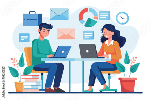 A man and woman sitting at a table, focused on working together using a laptop, Man and woman is working using laptop at a media company, Simple and minimalist flat Vector Illustration