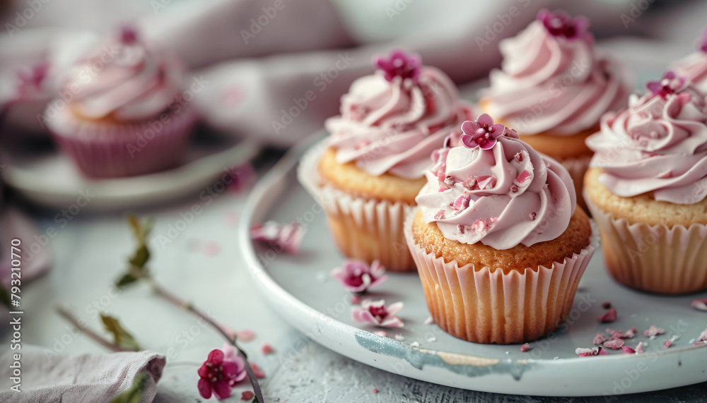 Cupcakes lying on the plate close-up photo background. Bakery desserts background. Cupcakes lying on the plate close-up photo background. Bakery desserts background.