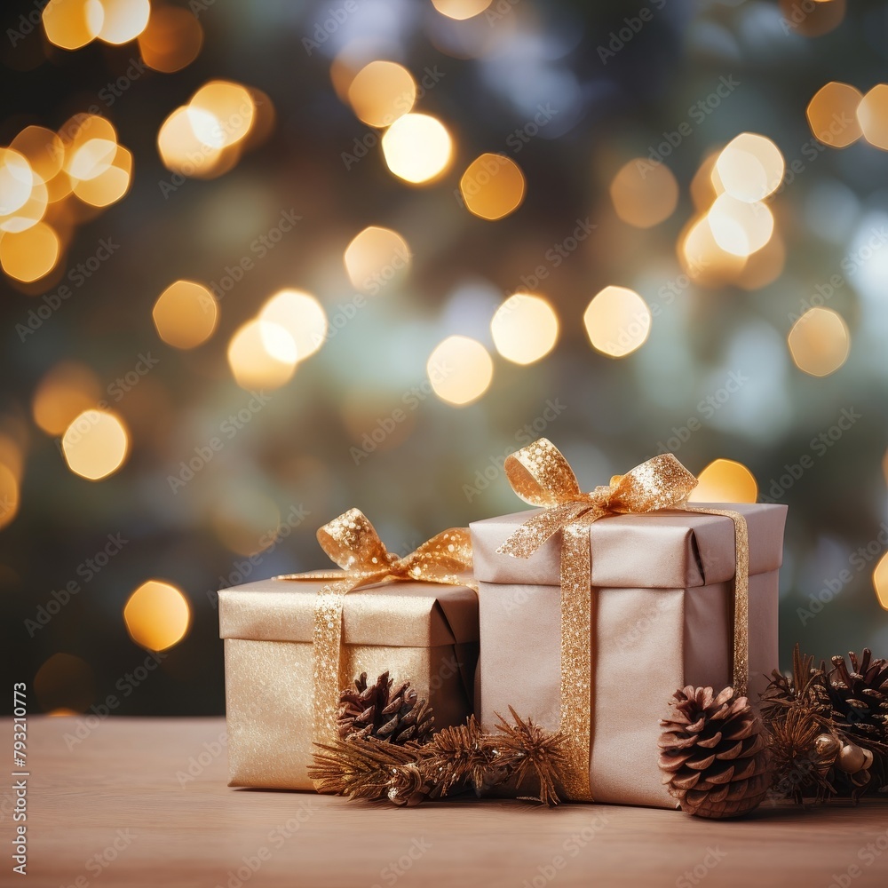 Holiday background with neatly wrapped gift boxes, pine cones, and evergreen branches set against soft bokeh garland lights, in 16:9.