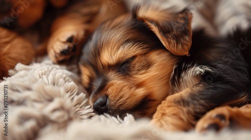 very cute sleeping yorkie puppys on a pile