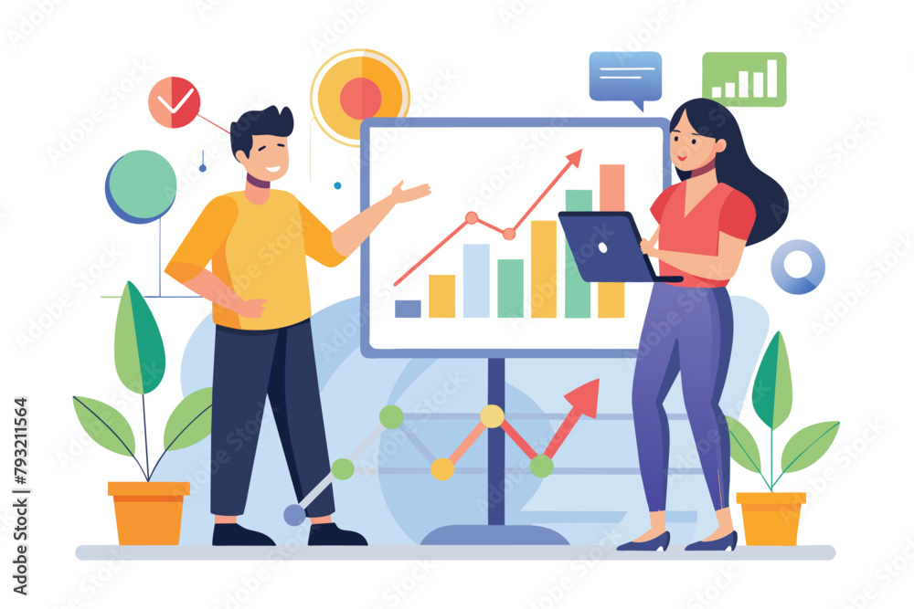 Two People Analyzing Market Data on Large Screen, Man and woman work together to analyze market improvement graph, Simple and minimalist flat Vector Illustration