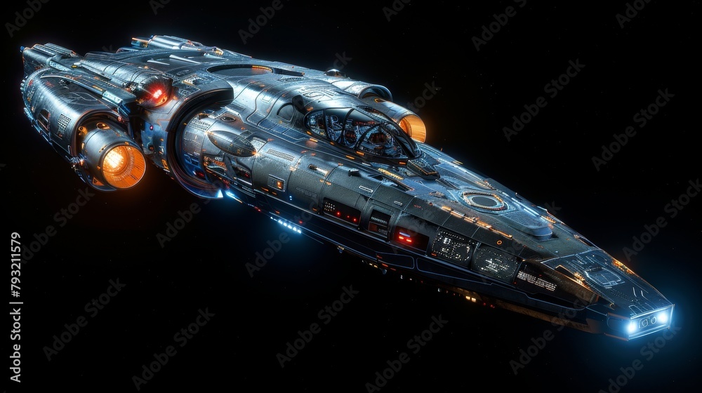 Fototapeta premium A science fiction illustration depicting a spaceship against a black background with a blue engine glow, viewed from a top-angled perspective, digitally rendered in 3D.