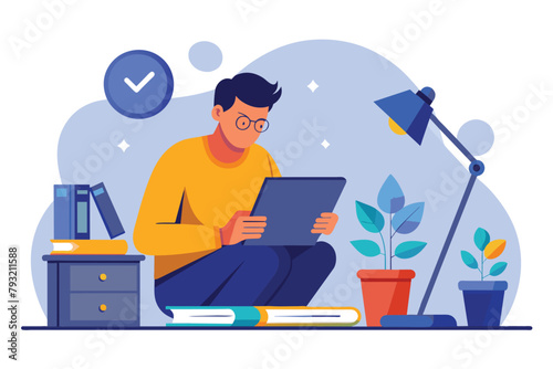 A man sitting on the floor, focused on a tablet device for studying at home, Man at home studying with tablet book and study lamp, Simple and minimalist flat Vector Illustration