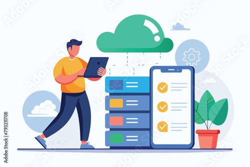 Man Standing Next to Large Stack of Data, man backing up database with cloud on mobile phone, Simple and minimalist flat Vector Illustration