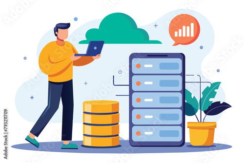 Man Standing Next to Large Server, man backing up database with cloud on mobile phone, Simple and minimalist flat Vector Illustration