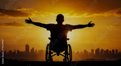 A man sitting in a wheelchair facing the cityscape is opening his arms to the sun.