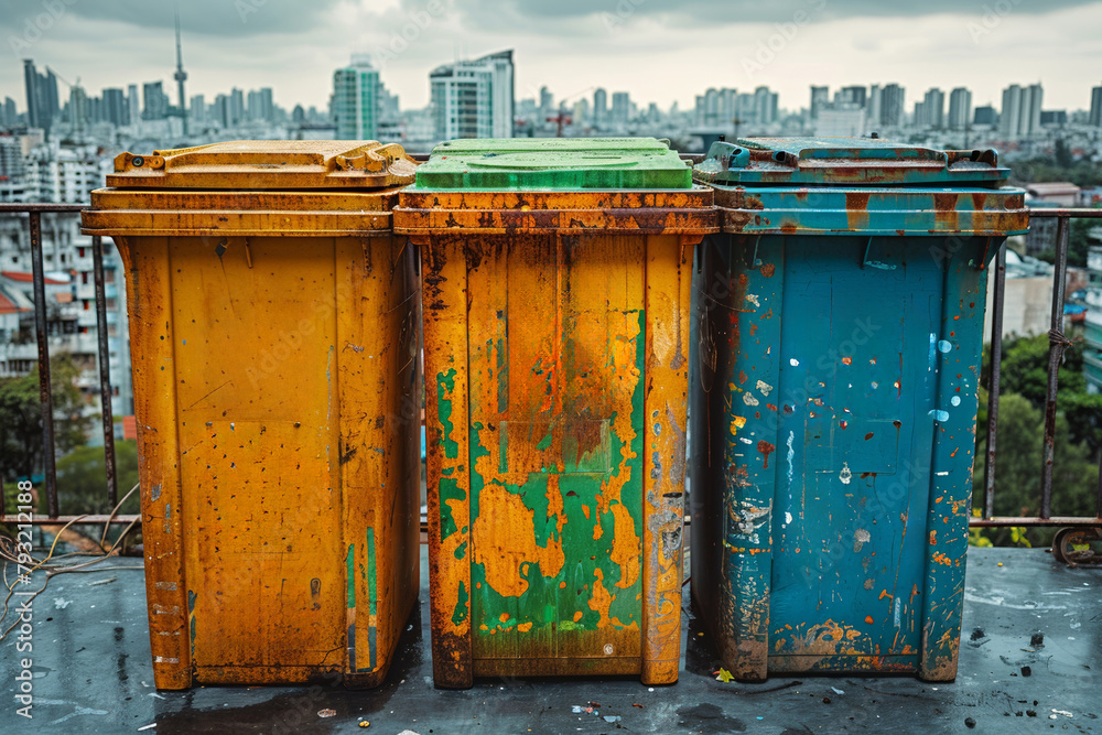 A colorful row of recycling bins promoting recycling and waste management in urban settings. - obrazy, fototapety, plakaty 
