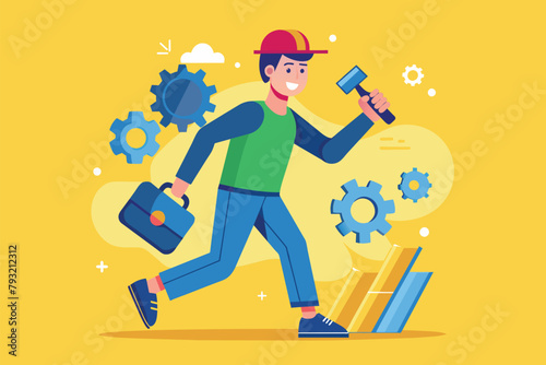 A man is swiftly running while holding a tool, focused on gear repair, man carrying gear repair concept on mobile phone, Simple and minimalist flat Vector Illustration