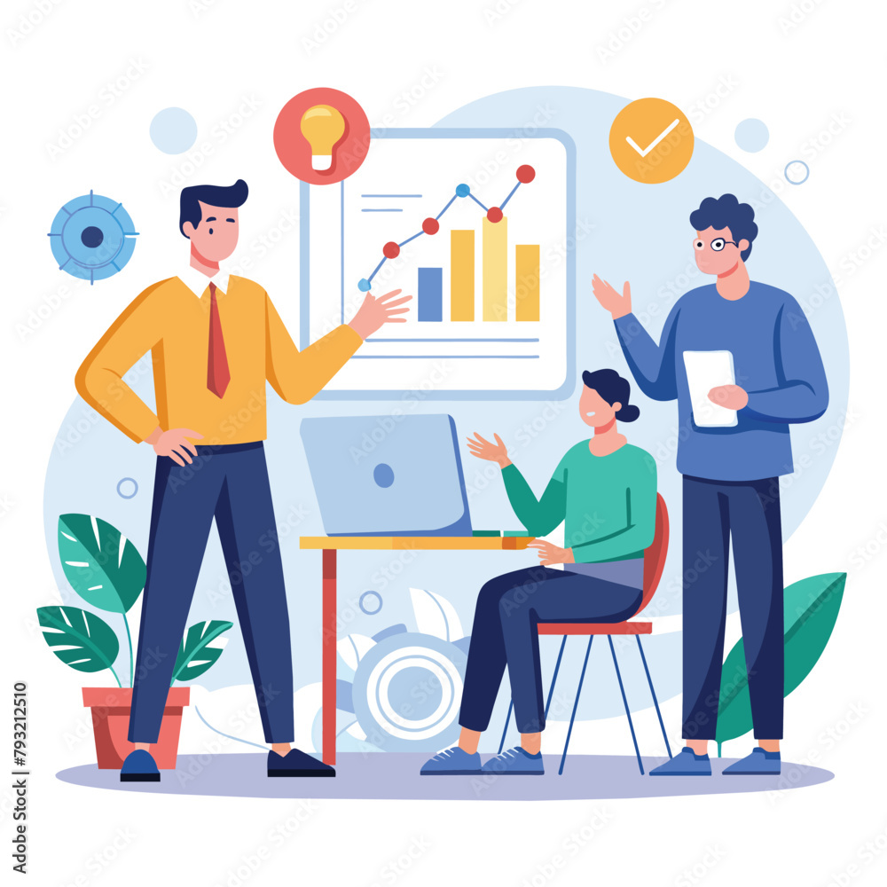 Business Coach Explaining Statistics to Group of People Around Table, A manager coach explaining statistics to businessmen, trending, Simple and minimalist flat Vector Illustration