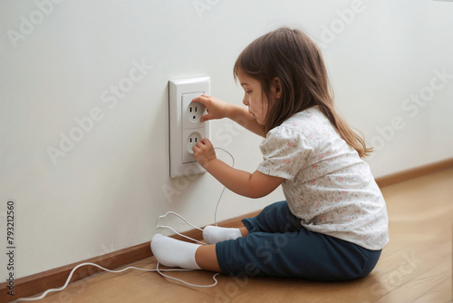 Little girl playing with electric wires and socket in wall, danger of electric shock
