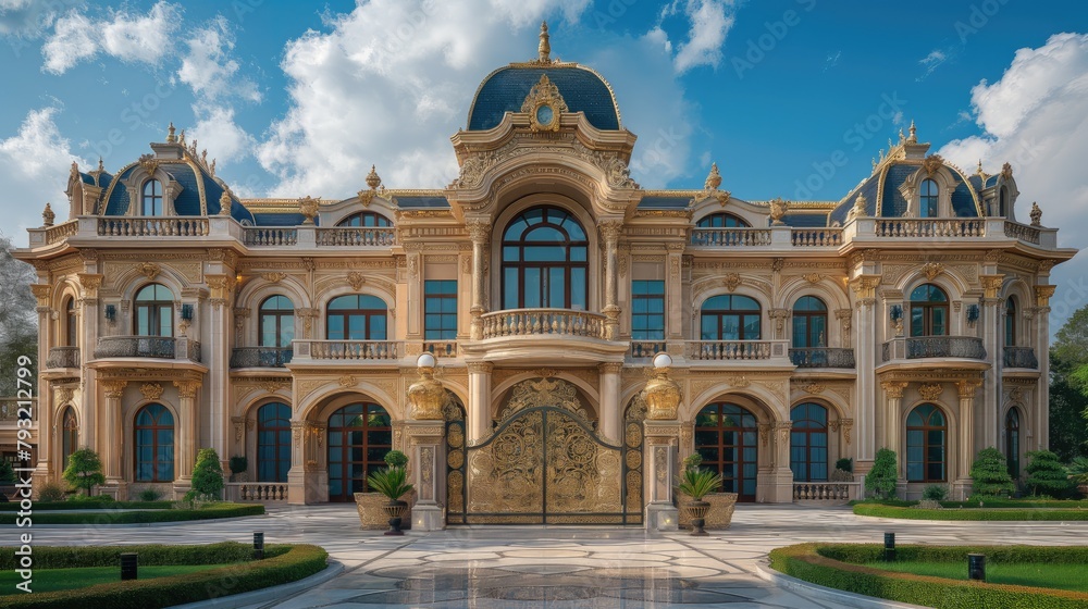 Obraz premium a modern European-style villa, a backdrop of clear blue skies and fluffy white clouds, with its immense size and resplendent golden accents, including a luxuriously adorned gate.