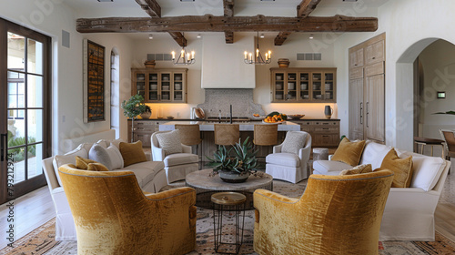 mediterranean space adjacent to the kitchen, soft neutrals, wood beams, swivel yellow fabric chairs  photo