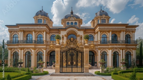 a modern European-style villa, a backdrop of clear blue skies and fluffy white clouds, with its immense size and resplendent golden accents, including a luxuriously adorned gate.
