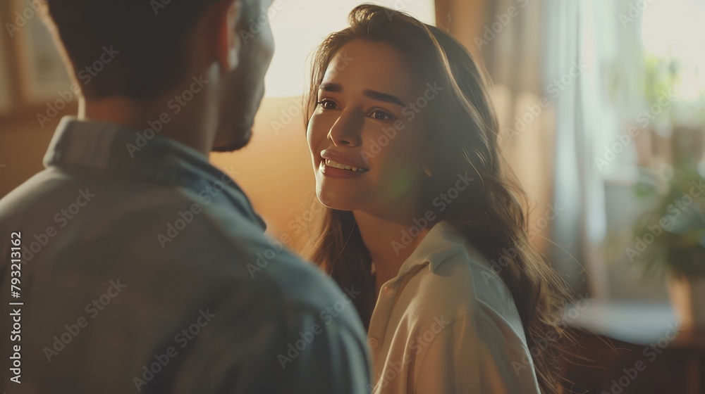 A young woman apologizing to her boyfriend for forgiveness at home. A young woman apologizing to her boyfriend for forgiveness at home.