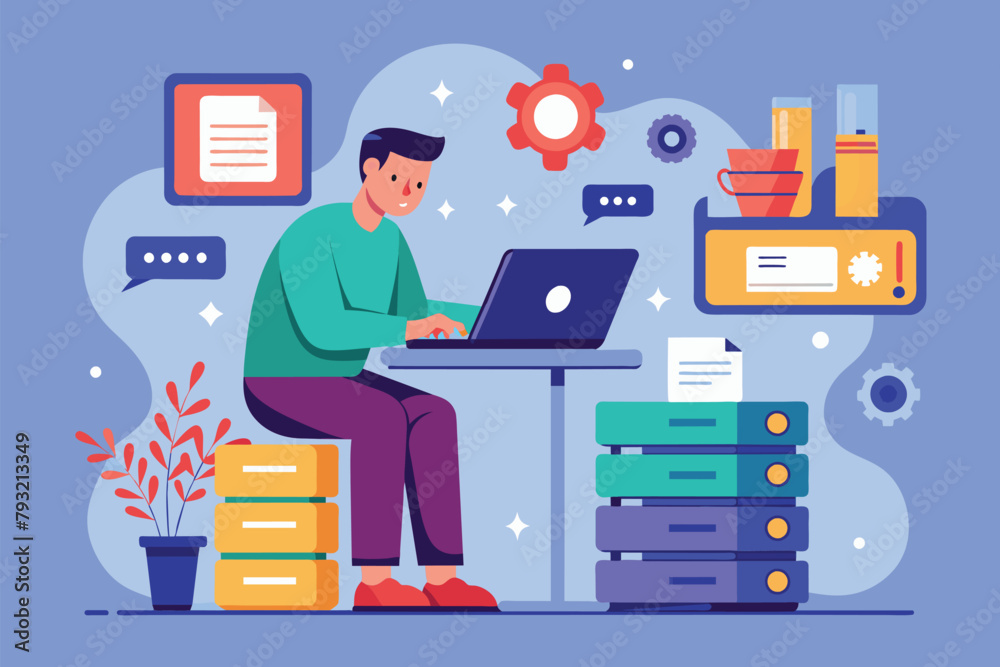 Fototapeta premium A man is sitting at a table, using a laptop for storage backup, man doing storage backup using laptop, Simple and minimalist flat Vector Illustration