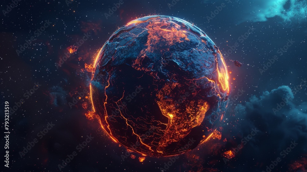 An abstract depiction of a planet with extensive cracks and lava in space, serving as a 3D concept for global warming and apocalypse scenarios. An abstract depiction of a planet with extensive cracks and lava in space, serving as a 3D concept for global warming and apocalypse scenarios.