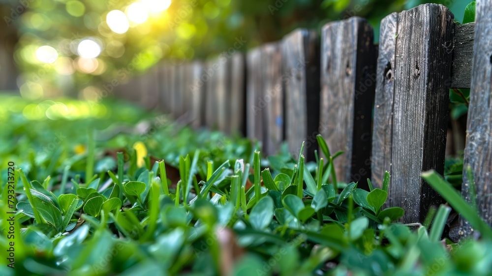 A tight shot of a weathered wooden fence Verdant grass stretches out on the opposite side A tree looms in the backdrop A tight shot of a weathered wooden fence Verdant grass stretches out on the opposite side A tree looms in the backdrop
