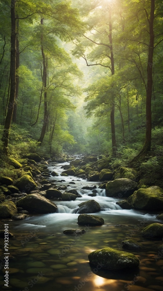 Sunlight pierces through dense foliage of towering trees, casting warm, ethereal glow that illuminates misty air of serene forest. Gentle stream, its waters pure, untainted.