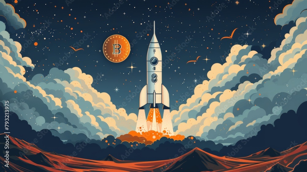 An illustration featuring a rocket with ample space for startup business and bitcoin advertising.