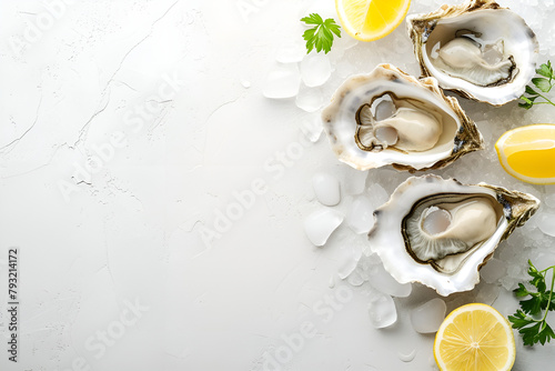 oysters on a white table with a green leaf and lemon wedges