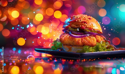 A delicious burger. On the background is an explosion of lights and colors