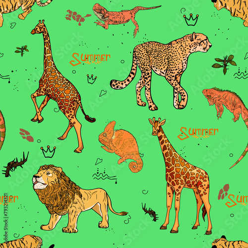 Pattern of african animals. Lion, cheetah, elephant, giraffe, antelope, rhino, zebra, lemur. Palm and banana leaves. For printing, card, clothes, icon, logo