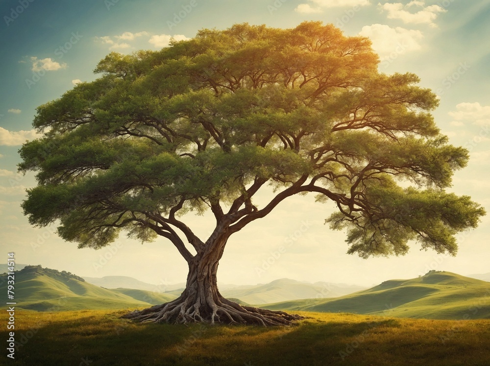 Fototapeta premium Majestic tree with robust trunk, sprawling branches stands prominently against backdrop of rolling green hills under sky painted with soft clouds, radiant sunbeams. Tree, full of lush green leaves.