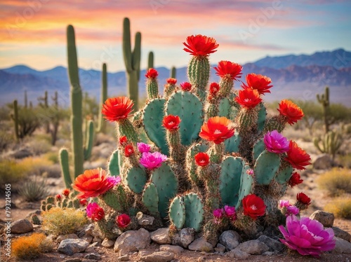 Vibrant display of natures beauty unfolds as blooming flowers adorn cactus in midst of serene desert landscape. First light of dawn paints sky with hues of orange, pink, purple.