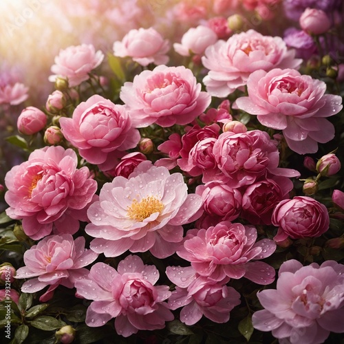 Vibrant display of blooming flowers, predominantly roses, captures essence of serene, enchanting garden. Sunlight gently pierces through foliage, casting warm glow that illuminates dew-kissed petals.