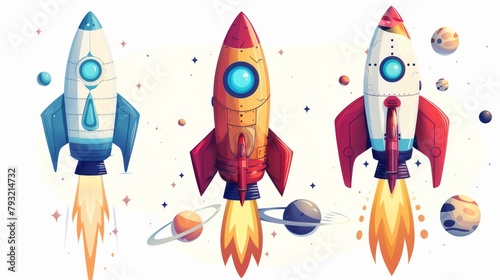 Fototapeta Naklejka Na Ścianę i Meble -  An isolated vector illustration of a cartoon rocket spaceship taking off, portraying a simple retro design.