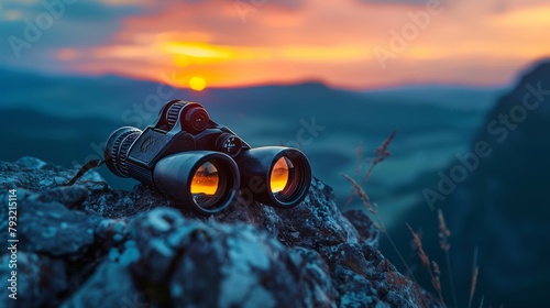 Binoculars positioned on top of a rocky mountain against a beautiful sunset background.