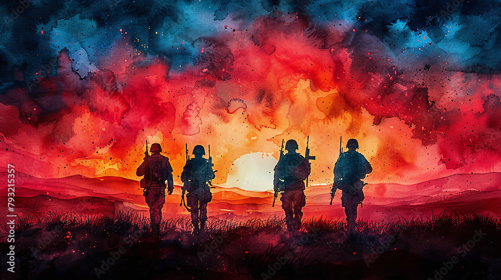watercolor illustration of army men marching, horizon