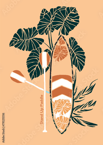 Drawing with a composition of a stand up paddle board and tropical plants.