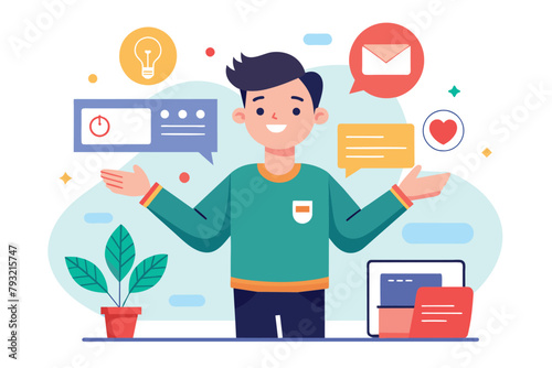 A man standing in front of a laptop with speech bubbles above his head, indicating communication or promotion, man is promoting content, Simple and minimalist flat Vector Illustration