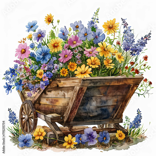 Delightful watercolor clipart of wildflower blossoms arranged in a cart wheelbarrow, against a white background. Ideal for garden-themed invitations and botanical graphics.