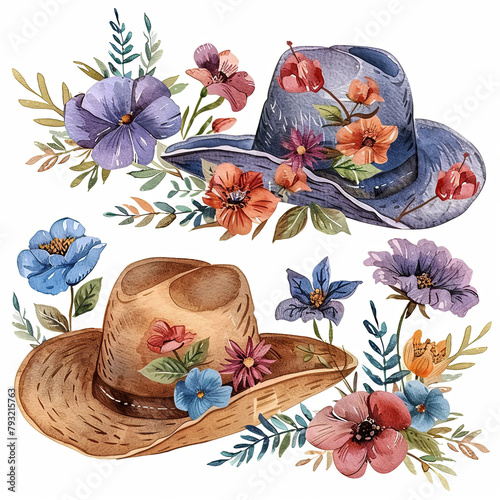 Watercolor clipart set featuring a cowboy hat adorned with flowers in pastel colors on a white background. Perfect for Western-themed designs and artistic compositions.