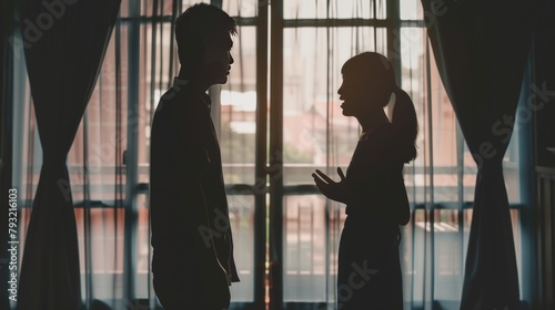 Silhouette of an Asian couple having a serious argument in front of a window at home, turning away from each other in frustration.