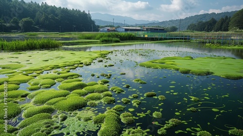 A field of green algae being cultivated in large tanks or ponds accompanied by text explaining the specific nutrients and conditions necessary for optimal biofuel production. .