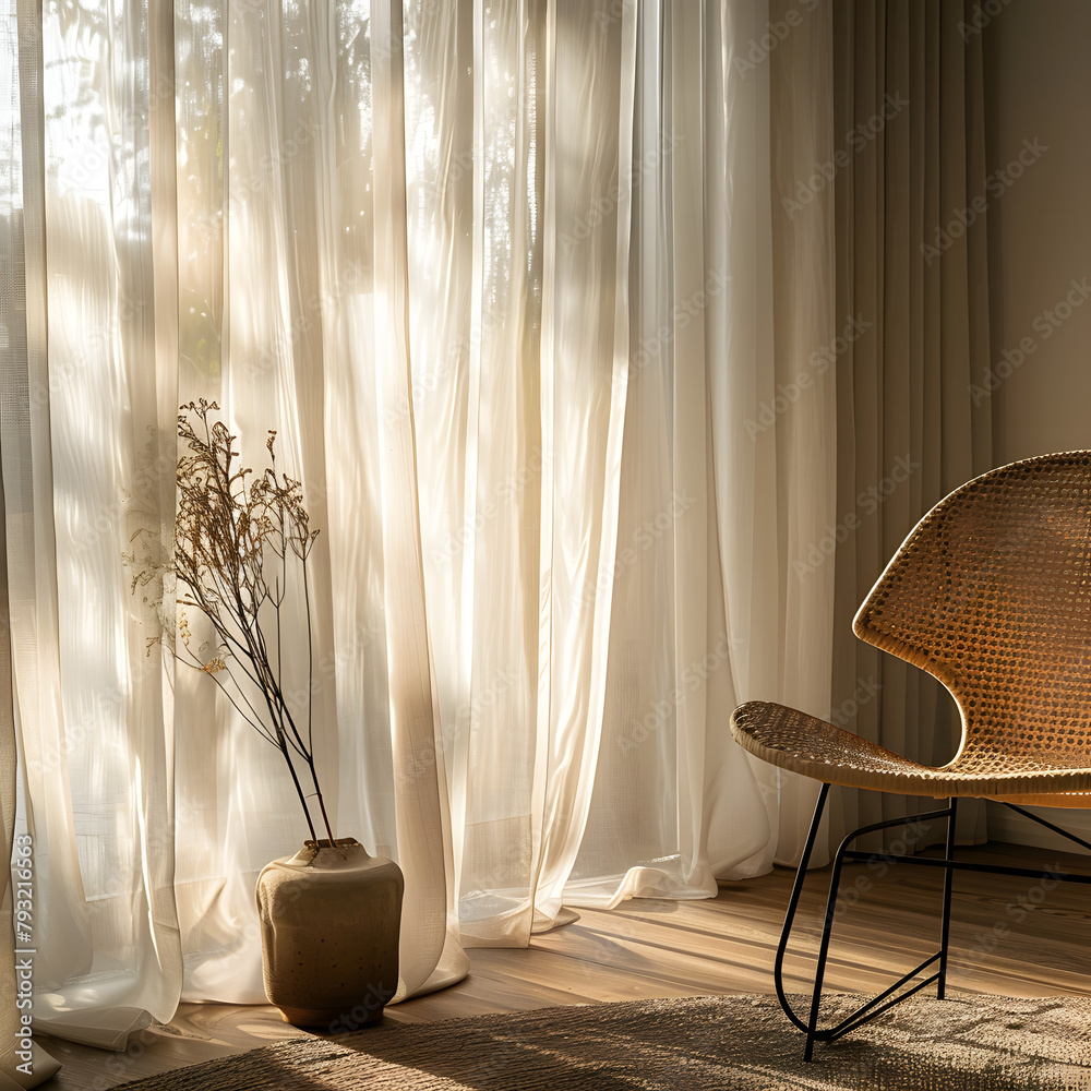 Dry flower on the clay vase and white curtain feeling cozy home, Minimalist decoration concept.