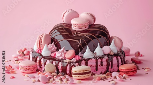 An eye catching pink heart shaped cake adorned with rich chocolate glaze fluffy meringues and colorful macaroons sits atop a soft pink backdrop embodying the essence of love and celebration
