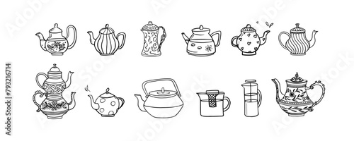 Big set of teapots in doodle style. Tea house, tea shop. Hand drawn. Great for banner, posters, cards and professional design.