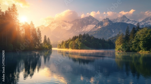 Sunny sunset at zittauerhuette mountain lake, salzburg, austria - idyllic view at wildgerlossee