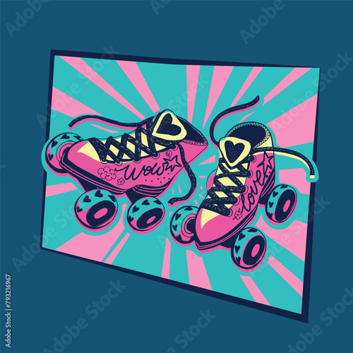 Pair of vintage roller skates 80s style. Sketch style girlish roller skates print. Comics style shoes
