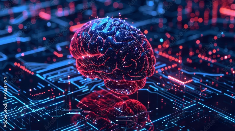 3D-rendered depiction of a human brain set against a technological background, representing artificial intelligence and cyberspace. 3D-rendered depiction of a human brain set against a technological background, representing artificial intelligence and cyberspace.