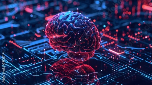 3D-rendered depiction of a human brain set against a technological background, representing artificial intelligence and cyberspace.