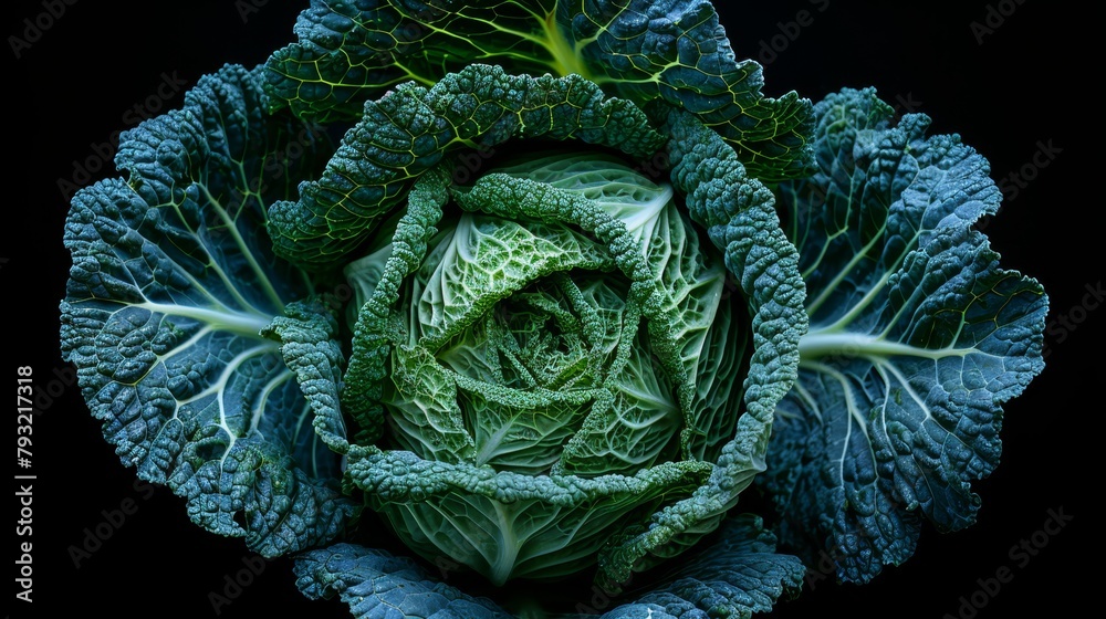 Obraz premium A lettuce head against black backdrop, green leaf plant centrally framed